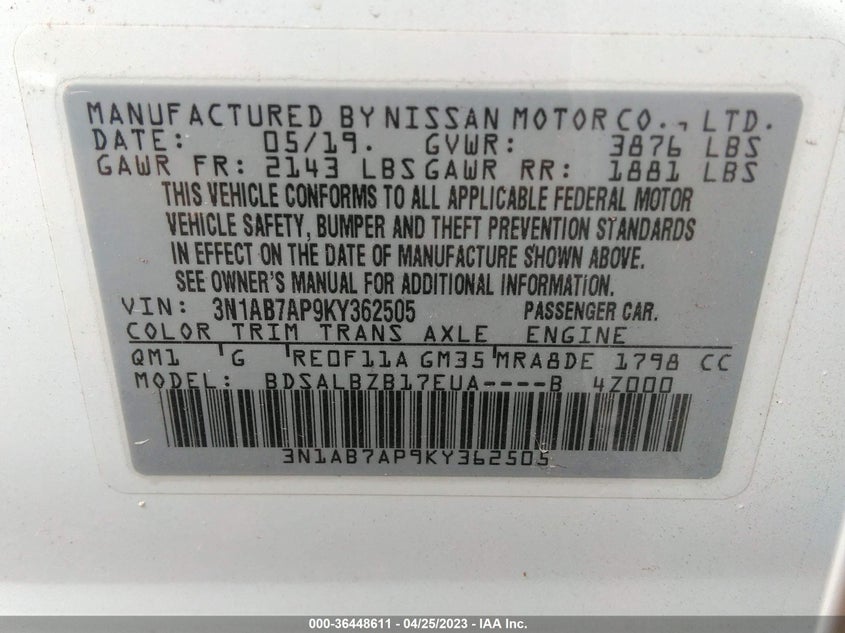 VIN 3N1AB7AP9KY362505 2019 NISSAN SENTRA S