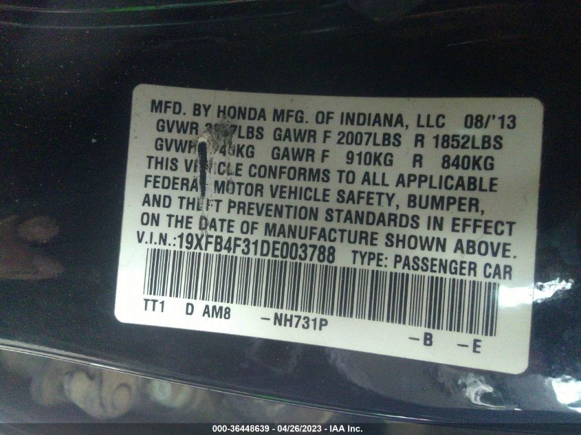 2013 HONDA CIVIC HYBRID - 19XFB4F31DE003788