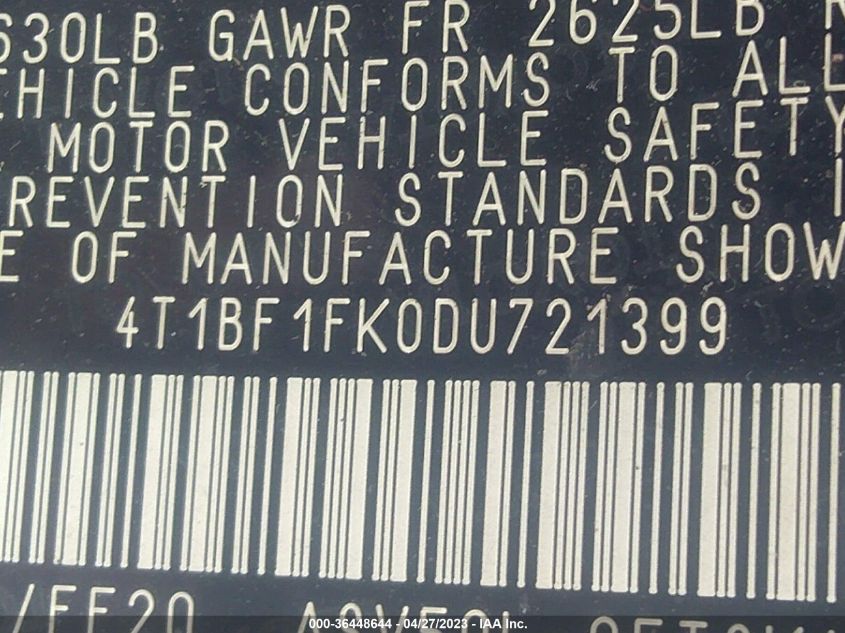 2013 TOYOTA CAMRY L/LE/SE/XLE - 4T1BF1FK0DU721399