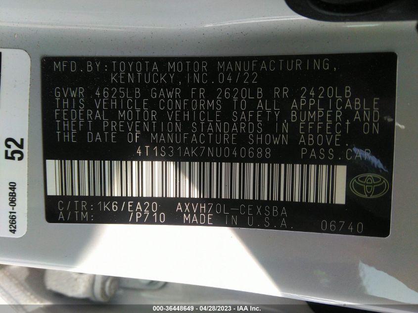 2022 TOYOTA CAMRY HYBRID - 4T1S31AK7NU040688