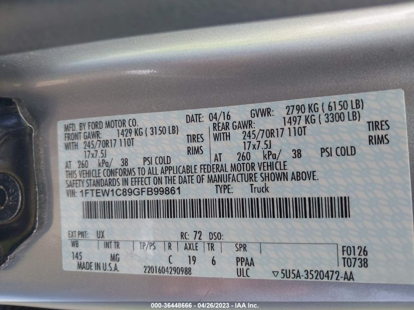 2016 FORD F-150 XLT - 1FTEW1C89GFB99861