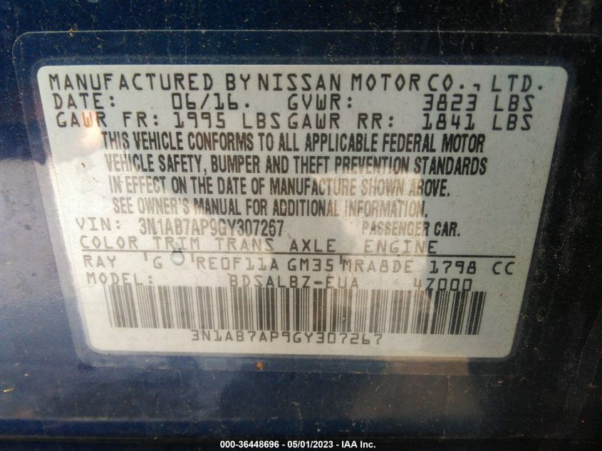 2016 NISSAN SENTRA S - 3N1AB7AP9GY307267