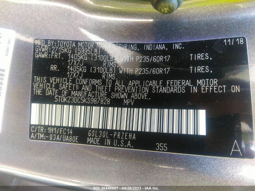 2019 TOYOTA SIENNA LE - 5TDKZ3DC5KS987828