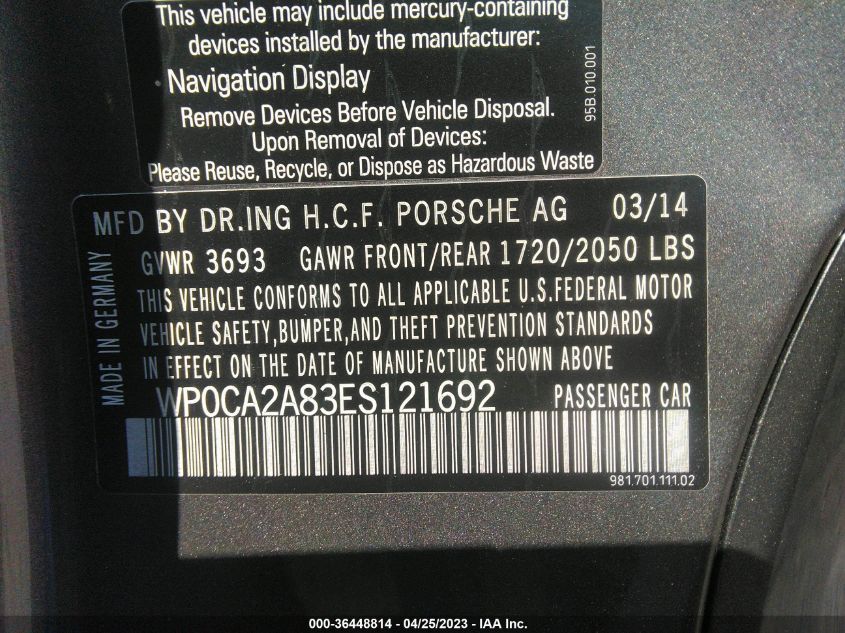 2014 PORSCHE BOXSTER - WP0CA2A83ES121692