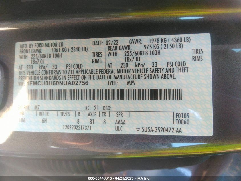 2022 FORD ESCAPE SEL - 1FMCU0H60NUA02756
