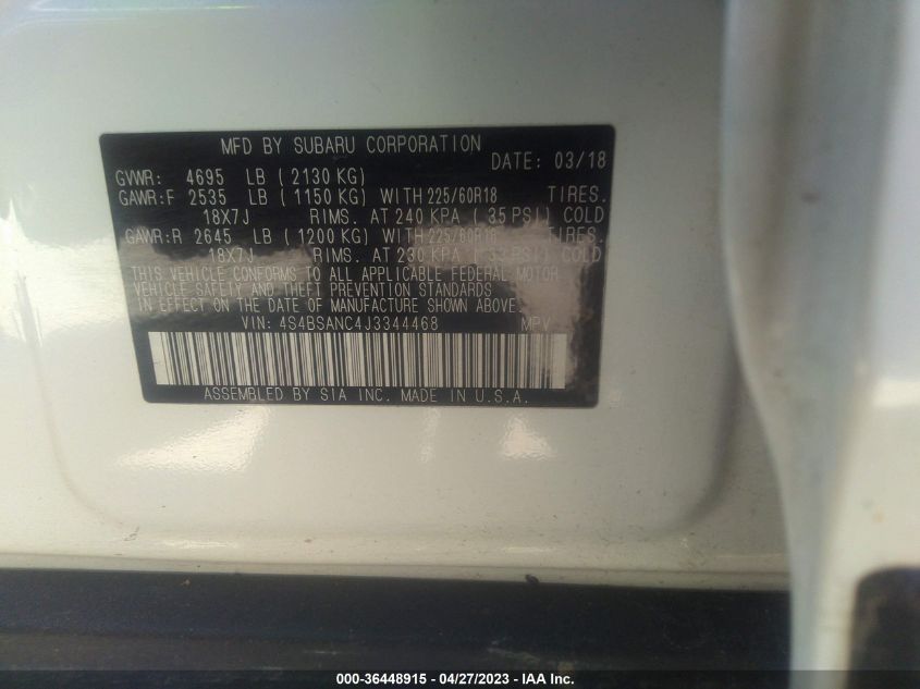 2018 SUBARU OUTBACK LIMITED - 4S4BSANC4J3344468