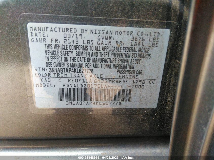 2019 NISSAN SENTRA SV - 3N1AB7AP4KL627778