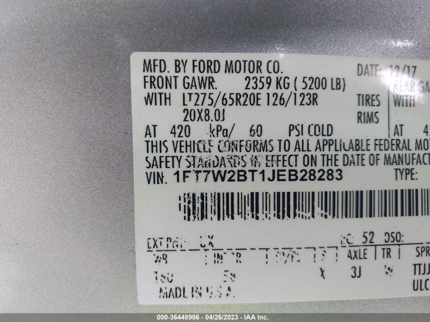 2018 FORD SUPER DUTY F-250 SRW XL/XLT/LARIAT - 1FT7W2BT1JEB28283