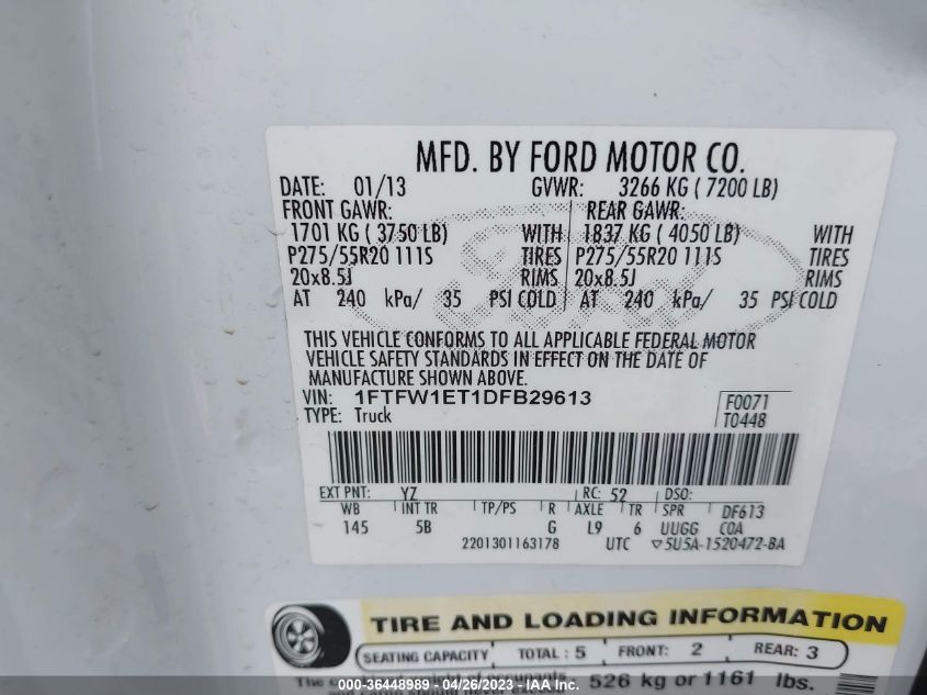 2013 FORD F-150 XL/XLT/FX4/LARIAT - 1FTFW1ET1DFB29613