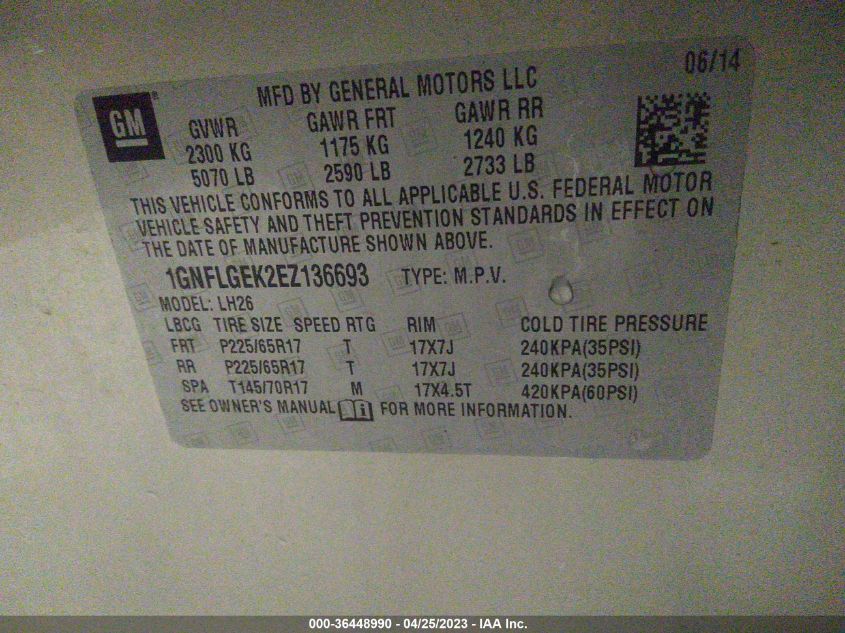 2014 CHEVROLET EQUINOX LT - 1GNFLGEK2EZ136693