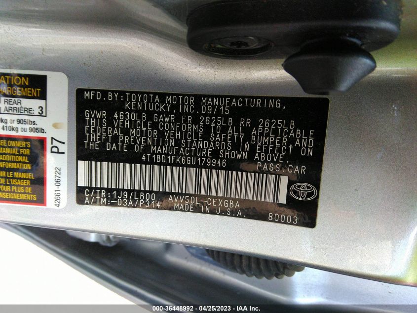 2016 TOYOTA CAMRY HYBRID LE/XLE/SE - 4T1BD1FK6GU179946