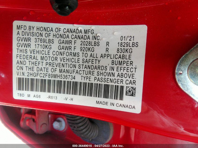 2021 HONDA CIVIC SEDAN SPORT - 2HGFC2F89MH536734