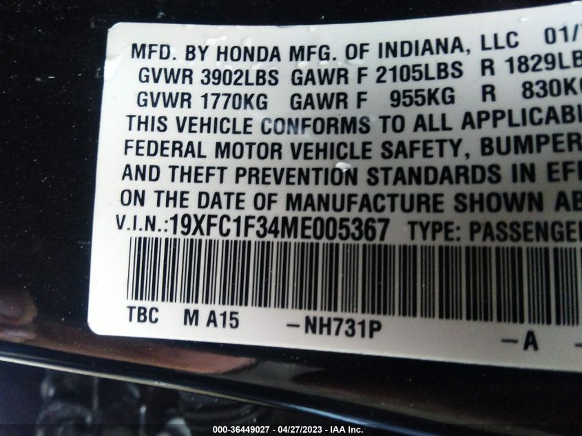 2021 HONDA CIVIC SEDAN EX - 19XFC1F34ME005367