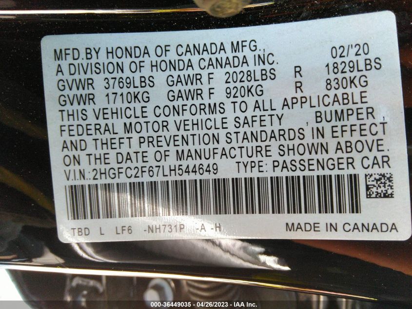 2020 HONDA CIVIC SEDAN LX - 2HGFC2F67LH544649