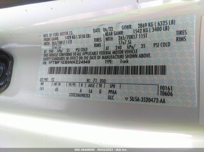 VIN 1FTMF1EB9NKE24949 2022 FORD F-150 XL/XLT
