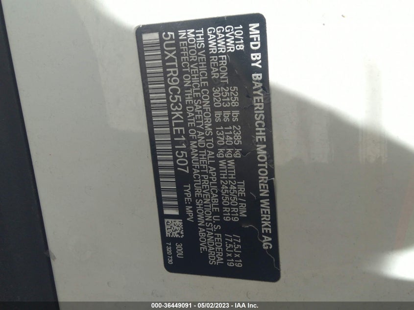 VIN 5UXTR9C53KLE11507 2019 BMW X3 XDRIVE30I
