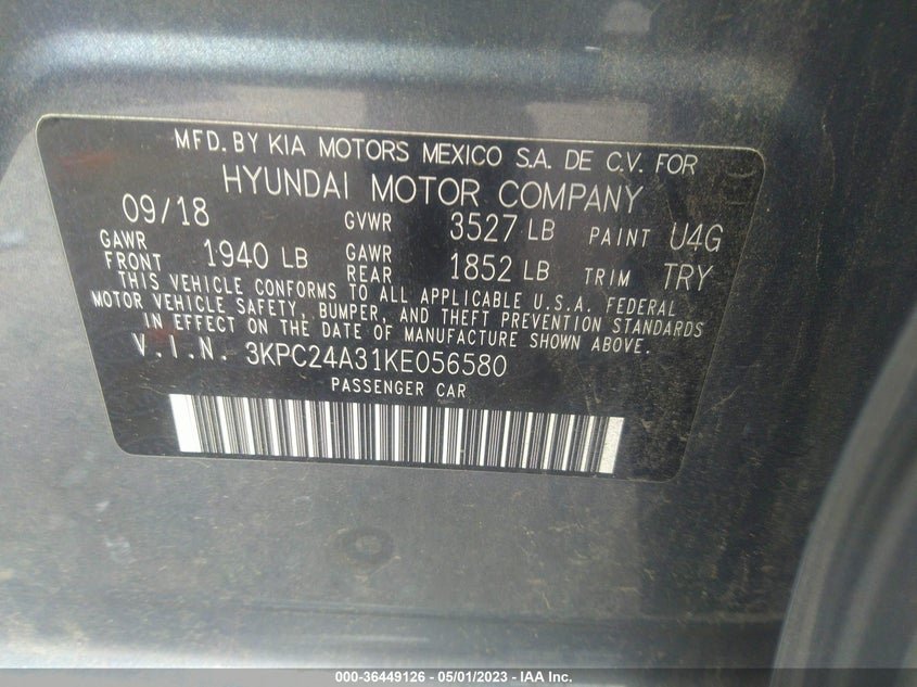 VIN 3KPC24A31KE056580 2019 HYUNDAI ACCENT SE