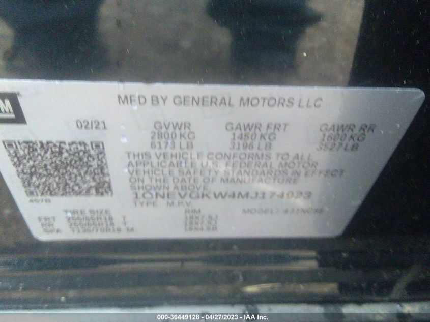 2021 CHEVROLET TRAVERSE LT CLOTH - 1GNEVGKW4MJ174923