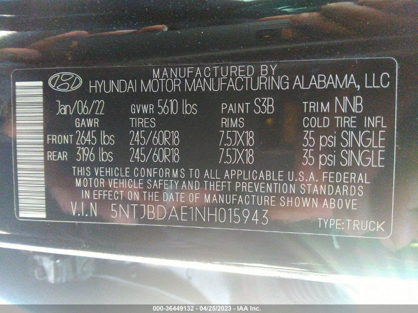 2022 HYUNDAI SANTA CRUZ SEL - 5NTJBDAE1NH015943