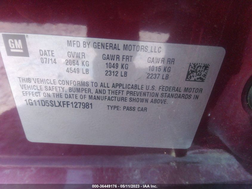 2015 CHEVROLET MALIBU LT - 1G11D5SLXFF127981