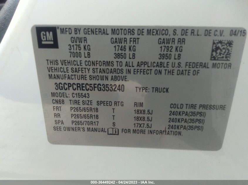 2015 CHEVROLET SILVERADO 1500 LT - 3GCPCREC5FG353240