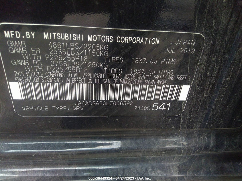VIN JA4AD2A33LZ006592 2020 MITSUBISHI OUTLANDER ES