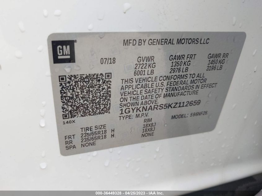 2019 CADILLAC XT5 FWD - 1GYKNARS5KZ112659