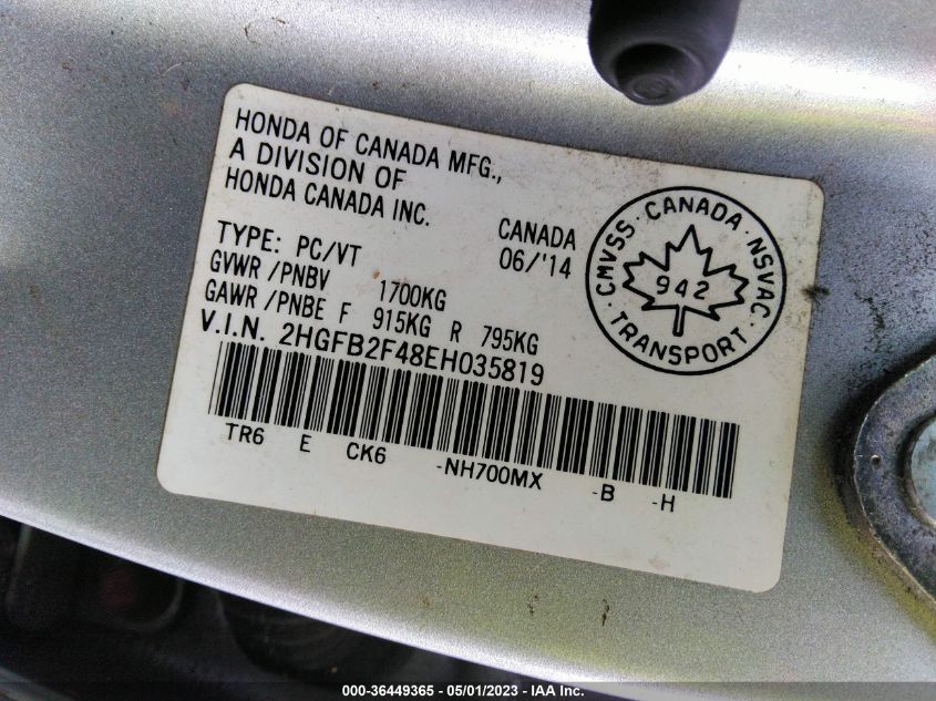 2014 HONDA CIVIC SEDAN LX - 2HGFB2F48EH035819