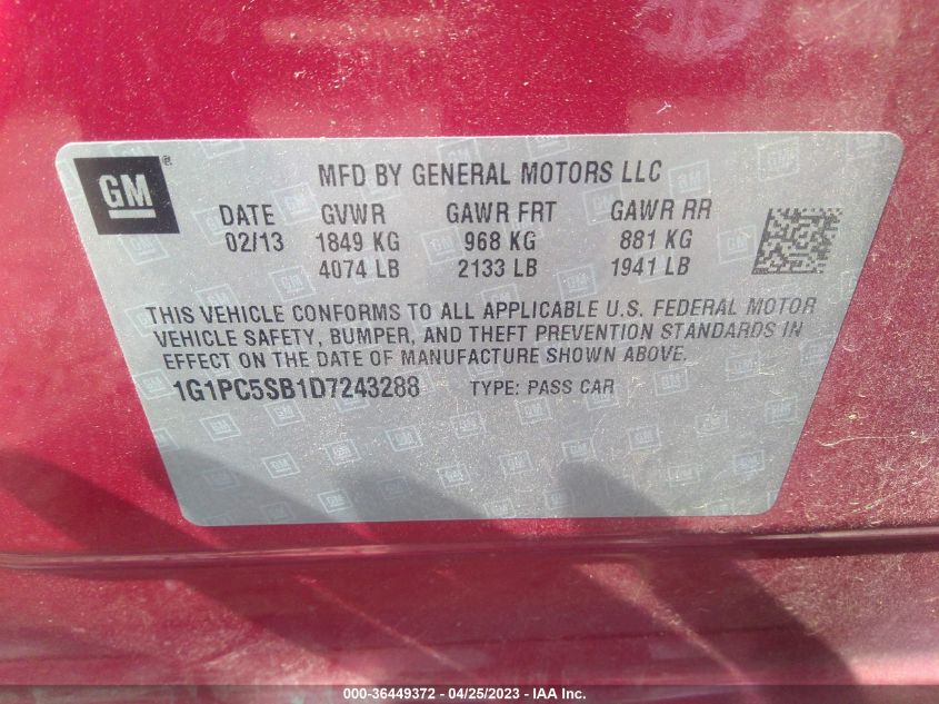 2013 CHEVROLET CRUZE 1LT - 1G1PC5SB1D7243288