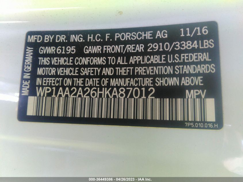 2017 PORSCHE CAYENNE WP1AA2A26HKA87012