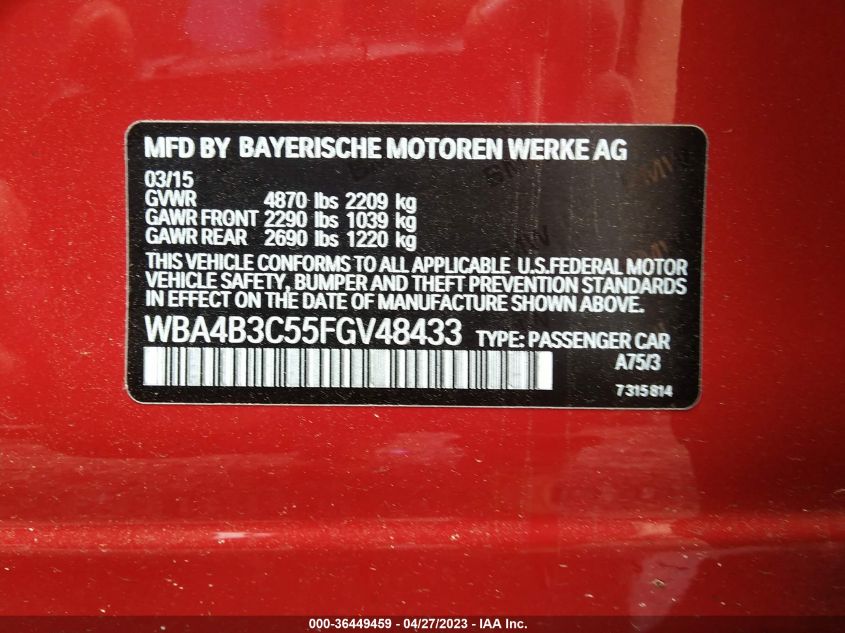 2015 BMW 4 SERIES 435I XDRIVE - WBA4B3C55FGV48433