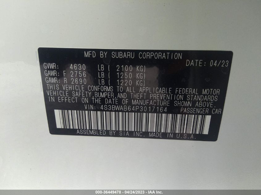 2023 SUBARU LEGACY - 4S3BWAB64P3017164