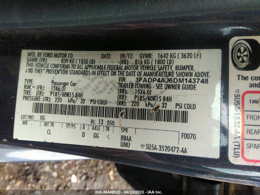2013 FORD FIESTA S - 3FADP4AJ6DM143748