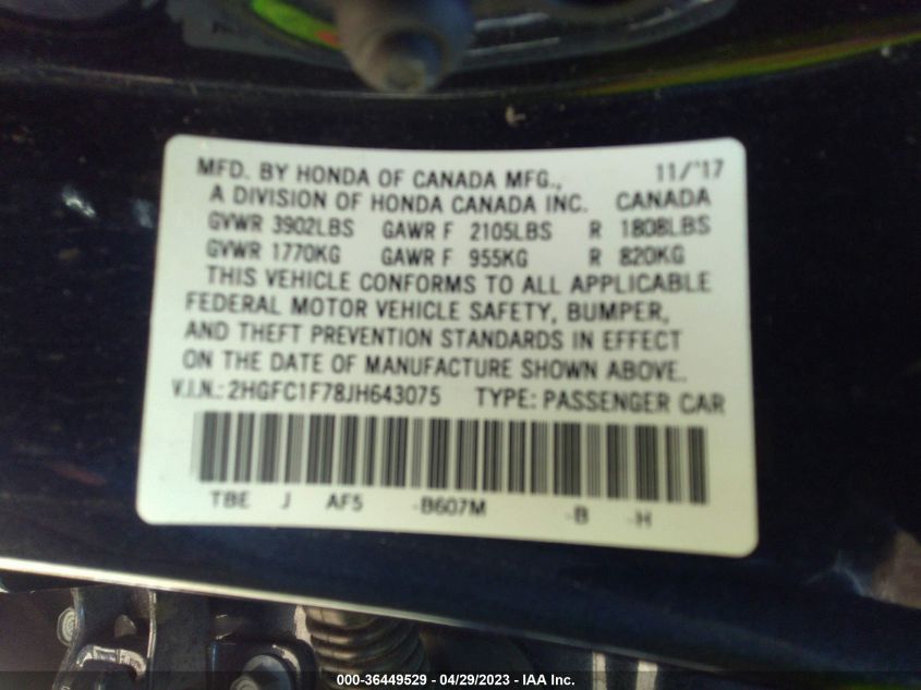 2018 HONDA CIVIC SEDAN EX-L - 2HGFC1F78JH643075