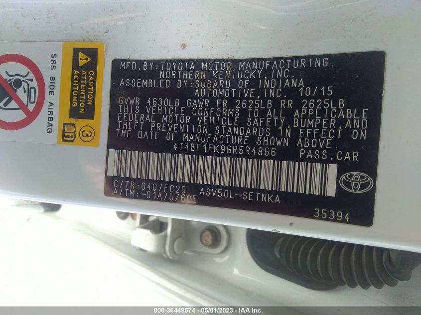 2016 TOYOTA CAMRY XLE/SE/LE/XSE - 4T4BF1FK9GR534866