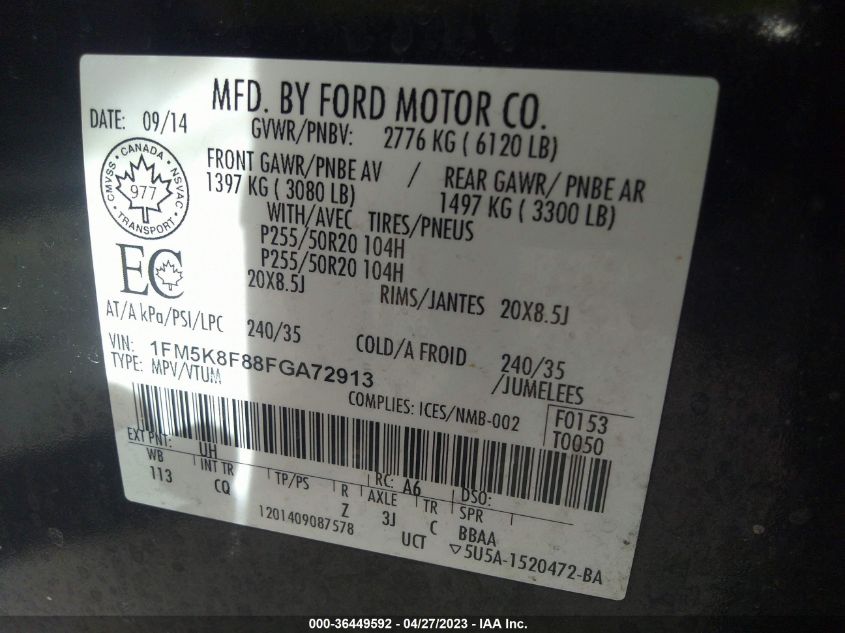 2015 FORD EXPLORER LIMITED - 1FM5K8F88FGA72913