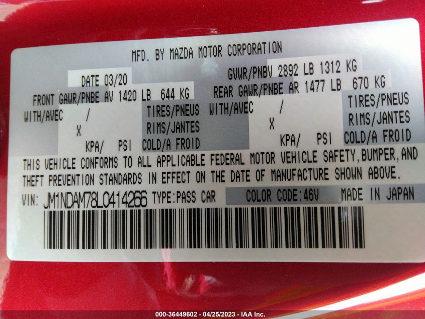 2020 MAZDA MX-5 MIATA RF GRAND TOURING JM1NDAM78L0414266