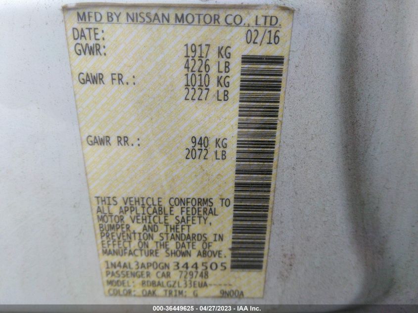 2016 NISSAN ALTIMA 2.5 - 1N4AL3AP0GN344505