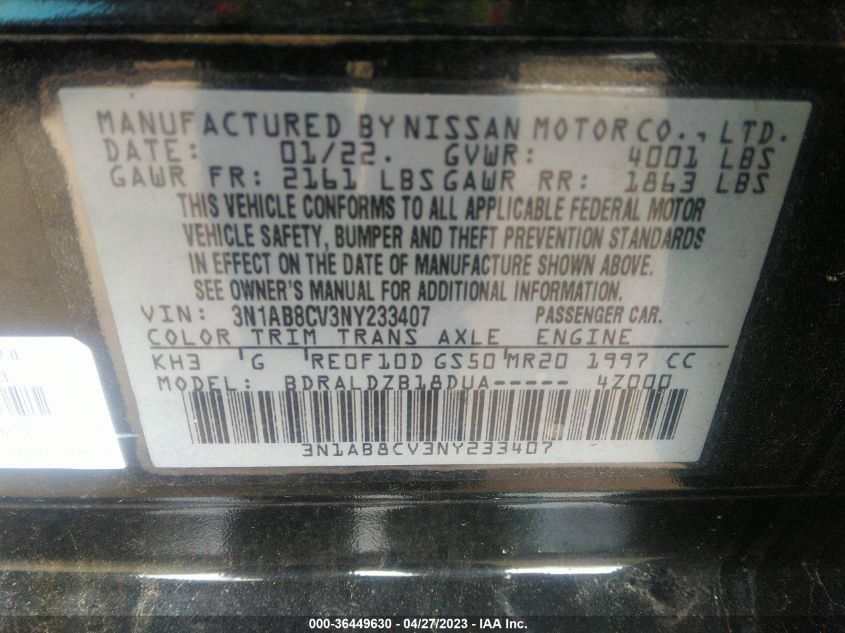 2022 NISSAN SENTRA SV - 3N1AB8CV3NY233407
