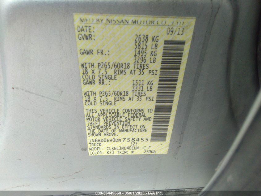 2013 NISSAN FRONTIER SL - 1N6AD0EV0DN758455