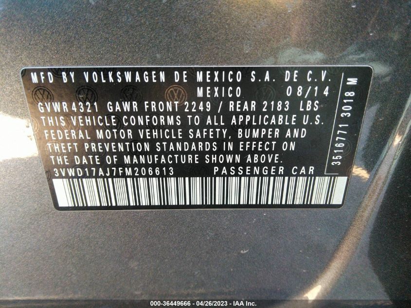 2015 VOLKSWAGEN JETTA SEDAN 1.8T SE - 3VWD17AJ7FM206613