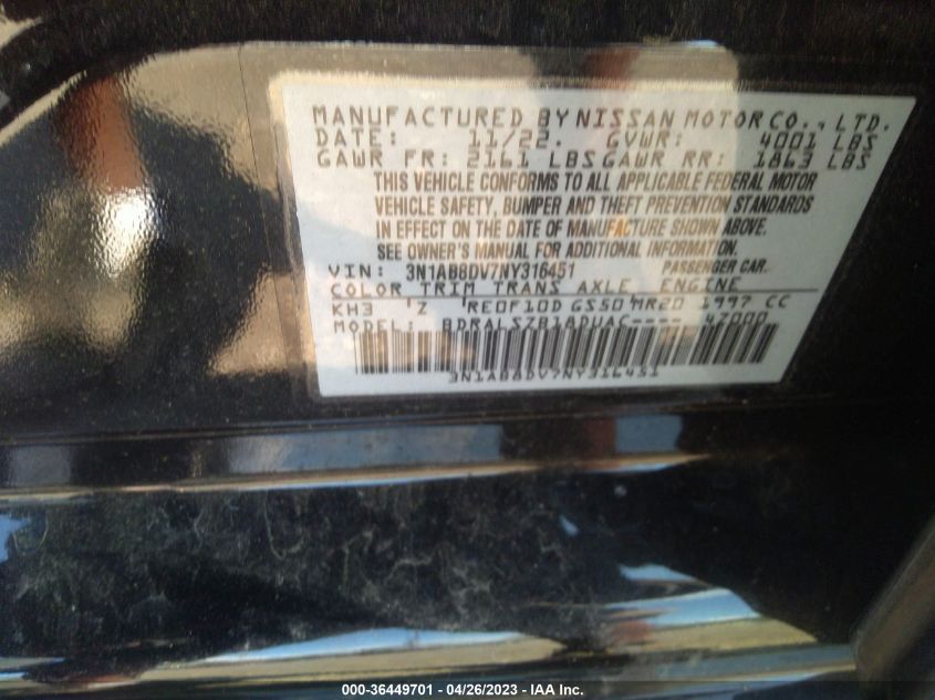 2022 NISSAN SENTRA SR - 3N1AB8DV7NY316451