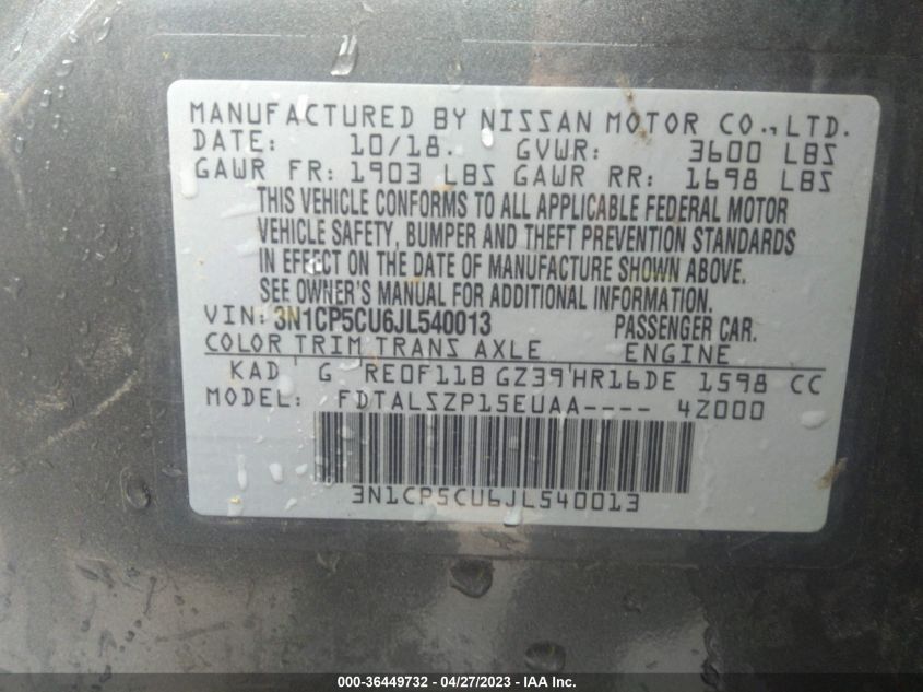 2018 NISSAN KICKS SV - 3N1CP5CU6JL540013