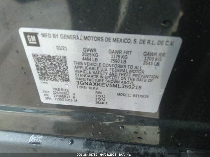 2021 CHEVROLET EQUINOX LT - 3GNAXKEV5ML359215