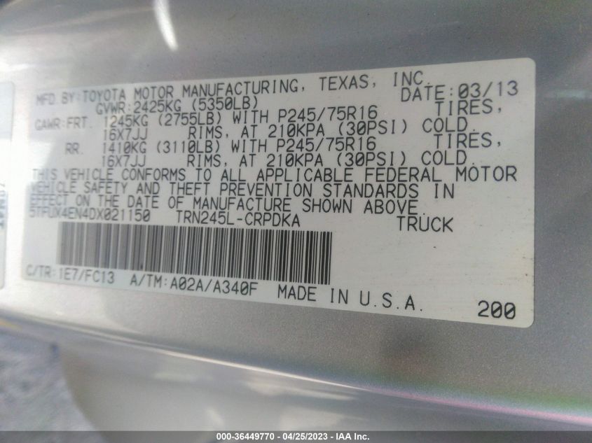 2013 TOYOTA TACOMA - 5TFUX4EN4DX021150