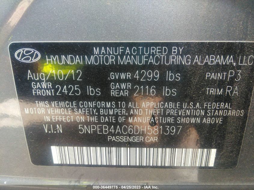 2013 HYUNDAI SONATA GLS - 5NPEB4AC6DH581397