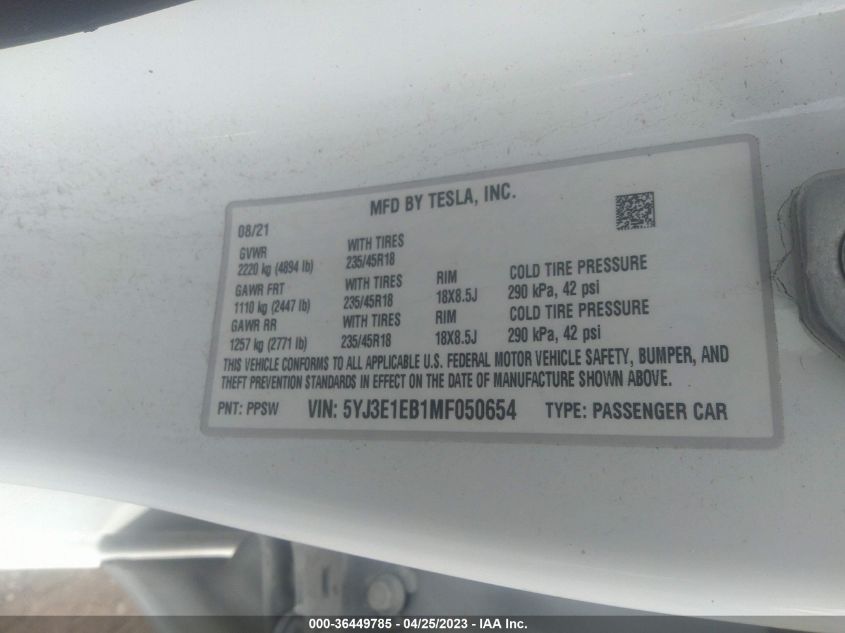 2021 TESLA MODEL 3 LONG RANGE - 5YJ3E1EB1MF050654