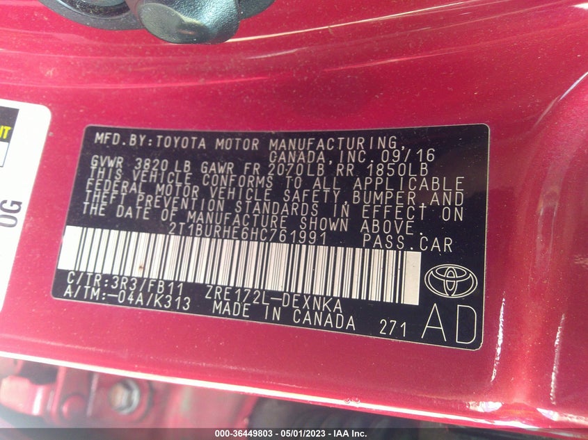 VIN 2T1BURHE6HC761991 2017 TOYOTA COROLLA L/LE/XLE/SE