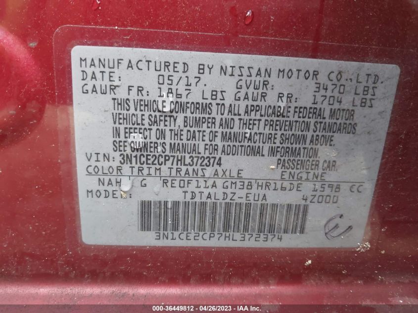 2017 NISSAN VERSA NOTE SV - 3N1CE2CP7HL372374