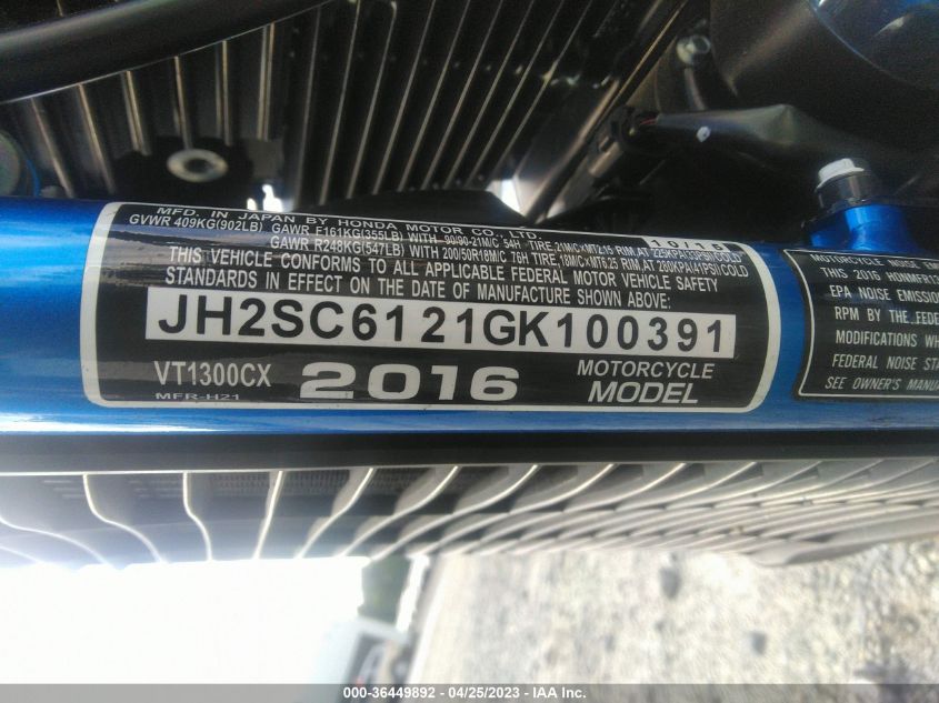 2016 HONDA VT1300 CX JH2SC6121GK100391